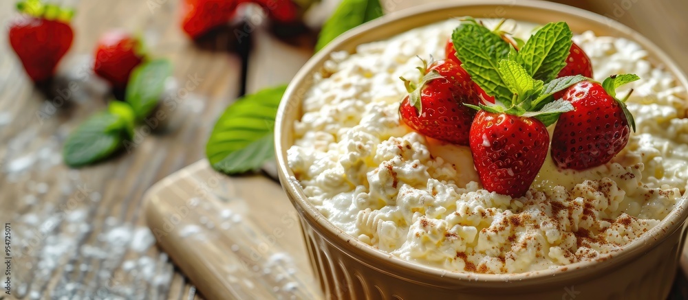 Poster cottage cheese casserole topped with strawberries and mint on a rustic backdrop featuring copy space