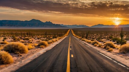 The open road through a desert at sunset with across the path, symbolizing new adventures and the start of a quest.