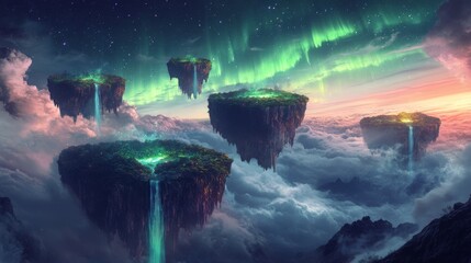 Fototapeta premium Floating Islands with Waterfalls Under a Starry Sky with Aurora Borealis