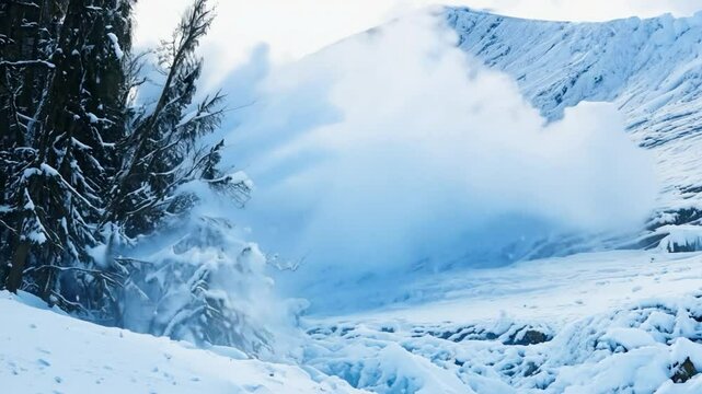 Snow-covered mountain landscape with a distant avalanche in the early morning light