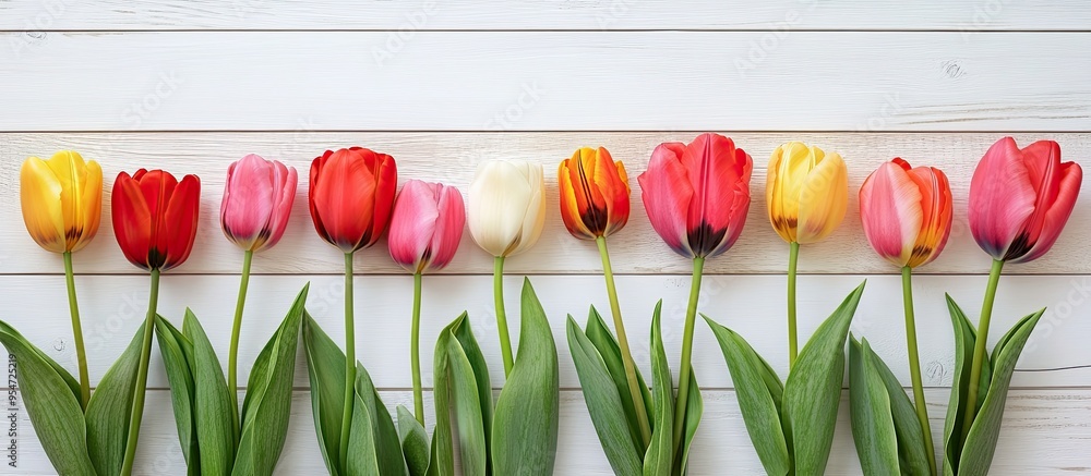 Poster variety of tulips on white wooden backgrounds gift idea. with copy space image. place for adding tex