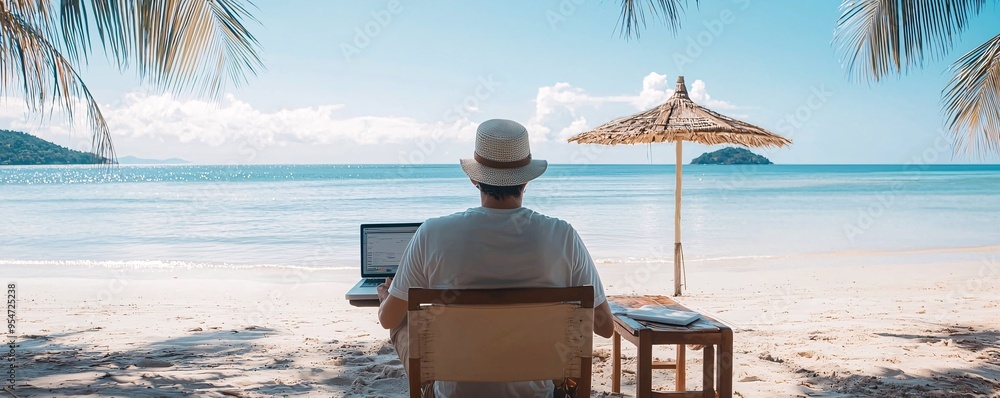 Poster digital nomad working on website development at a beach, remote work lifestyle, web developer s free
