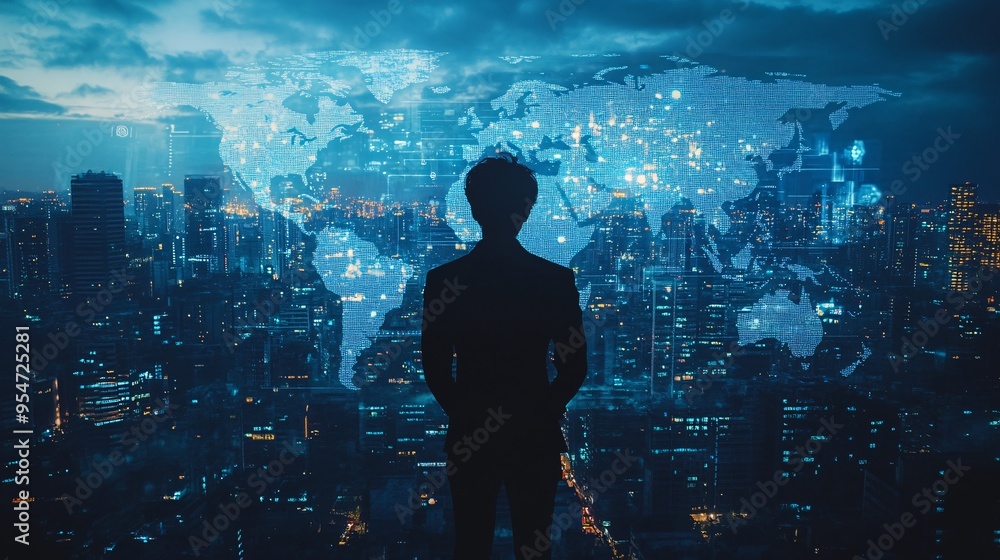 Aufkleber Global connection shown through a video call with participants in various locations including a desert a rainforest and a metropolitan area emphasizing the freedom to work from any part of the world