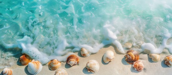 Fototapeta premium Tropical beautiful beach featuring shells and clear water. with copy space image. Place for adding text or design