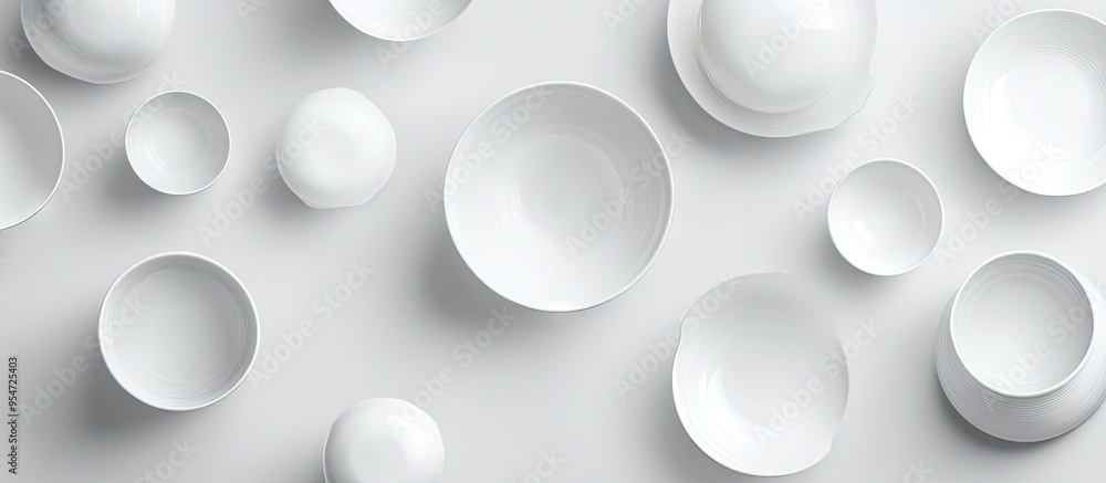 Fototapete Top view of white porcelain in a flat lay arrangement. with copy space image. Place for adding text or design