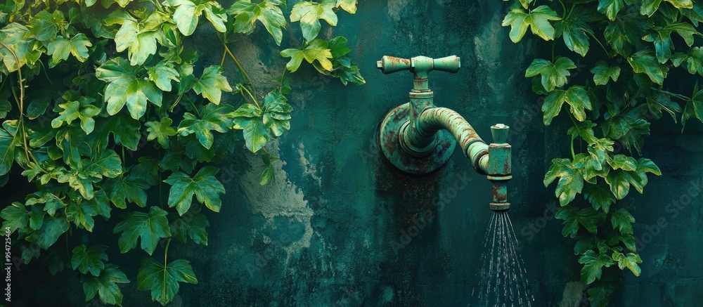 Poster old green watering faucet on the wall covered with green ivy and creepers set against a lush garden 