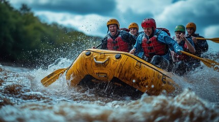 Rafting. A group of people rafting down a whitewater river. Rafting and whitewater rafting. An extreme sport. A group sport.