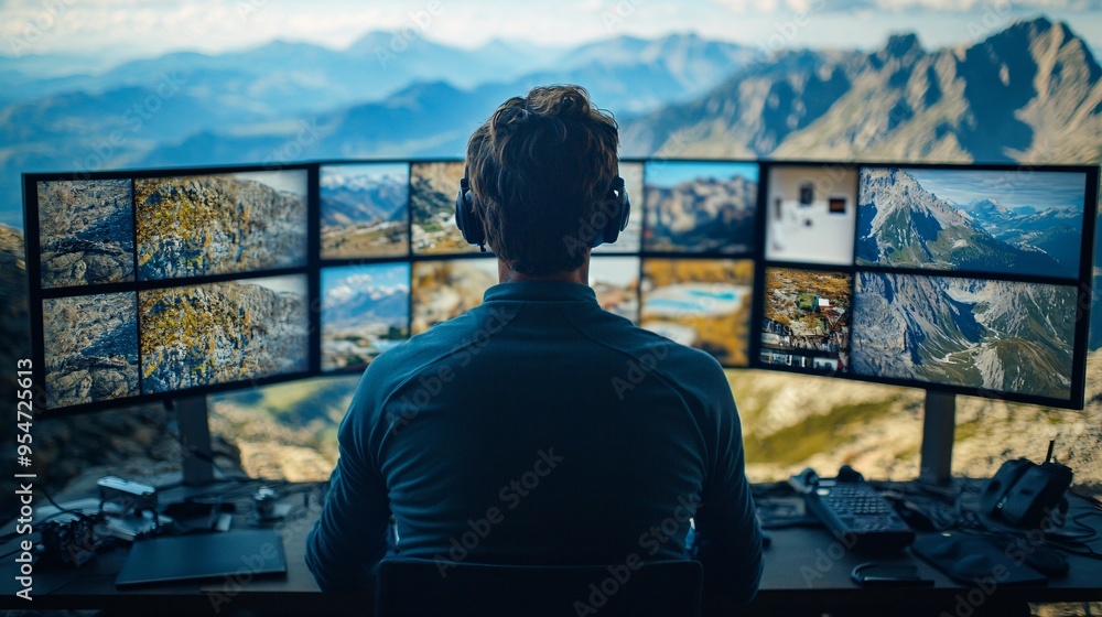Poster Global connection represented through a digital nomad on a video call from a high-altitude mountain lodge the screen shows other participants in beach and city settings illustrating the flexibility