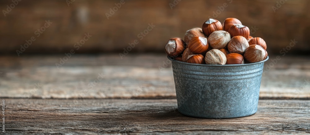 Poster hazelnuts in a metal cup on a wooden surface in a rustic design raw hazelnuts. with copy space image