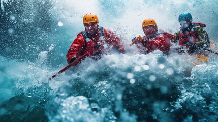 Rafting. A group of people rafting down a whitewater river. Rafting and whitewater rafting. An extreme sport. A group sport.