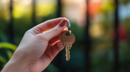 A detailed shot of a hand holding a single key against a vibrant and blurred outdoor background, conveying a sense of belonging, access, and possibilities.