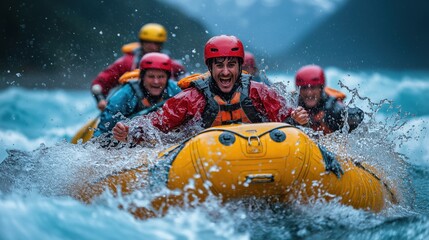 Rafting. A group of people rafting down a whitewater river. Rafting and whitewater rafting. An extreme sport. A group sport.