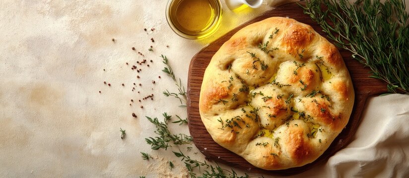 Focaccia ingredients include wheat ears flour and oil positioned next to bread on a beige background with a top view and copy space