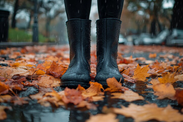 Dramatic quiet autumn scene, sad minded person contemplating rainy day, Generative AI