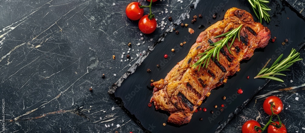 Poster pork ribeye roast in a skillet grill with herbs and spices viewed from above on a black stone backgr