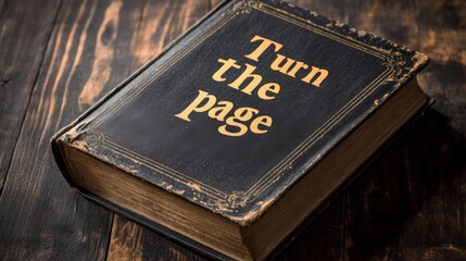 A timeworn hardcover book with 'Turn the page' inscribed on its cover, resting on a wooden surface, symbolizing transitioning, personal growth, and literary journeys.