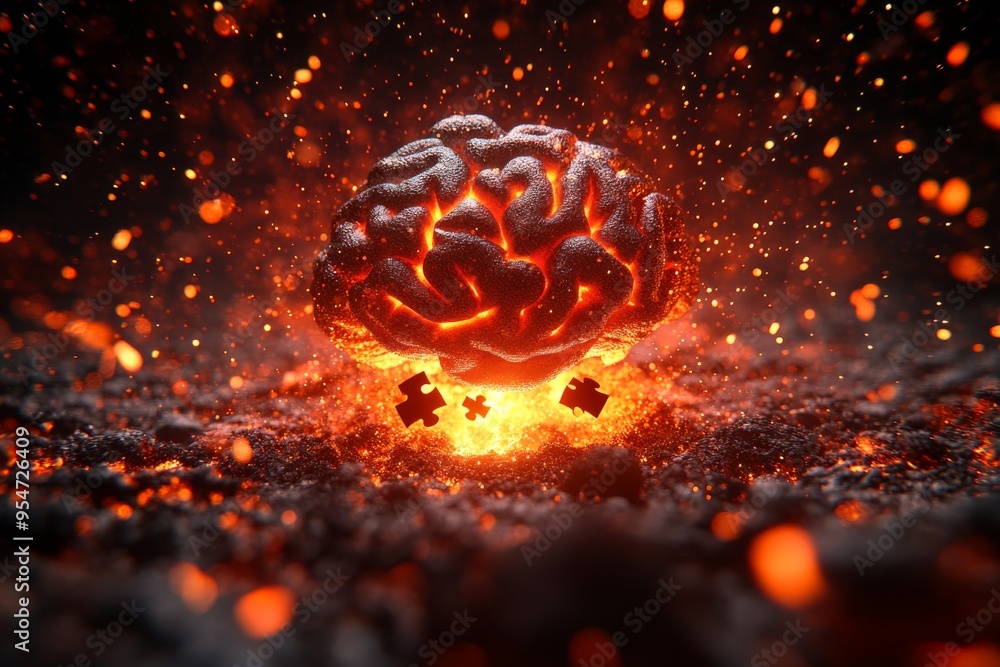 Poster neurofeedback reasoning brain in a fiery environment representing the explosive nature of ideas and 