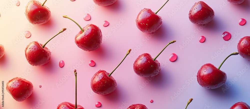 Leinwandbilder numerous ripe sweet cherries on a colorful background. with copy space image. place for adding text 