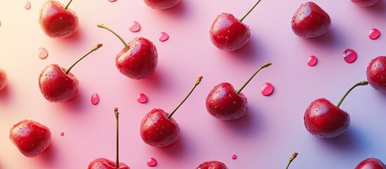 Numerous ripe sweet cherries on a colorful background. with copy space image. Place for adding text or design