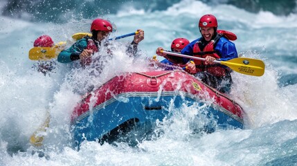 Fototapeta premium Rafting. A group of people rafting down a whitewater river. Rafting and whitewater rafting. An extreme sport. A group sport.