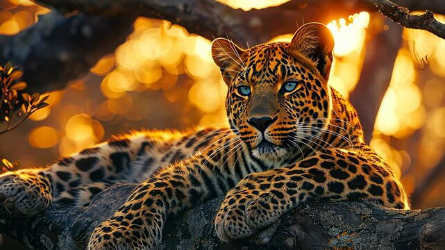 Leopard resting on tree branch at sunset, captivating wilderness scene
