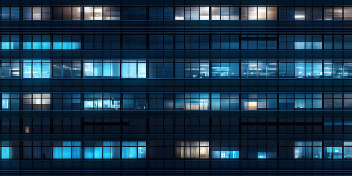 Seamless skyscraper facade with blue tinted windows and blinds at night. Modern abstract office building background texture with glowing lights against dark black exterior walls. 3D rendering..