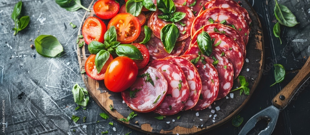 Poster mortadella slices with marinated vegetables for eating cooking or as an appetizer meal food snack on
