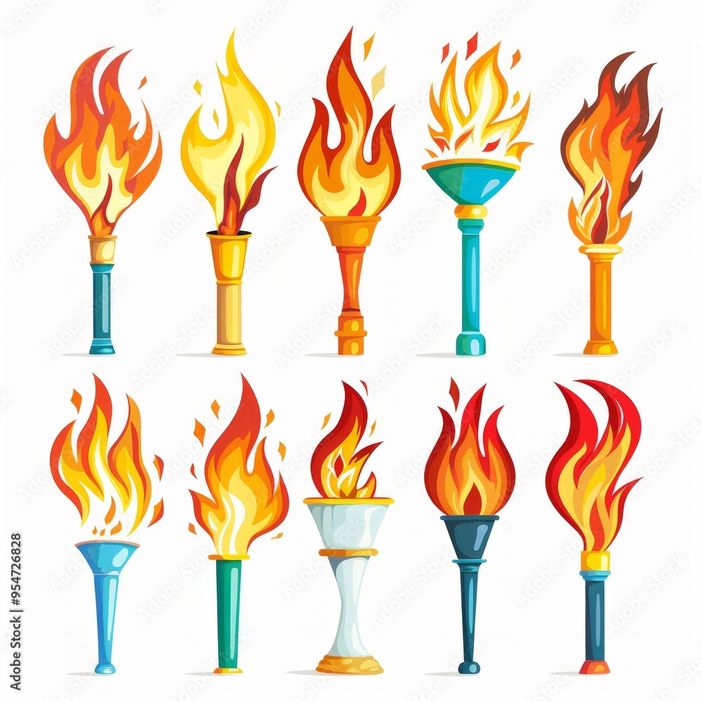 Poster set of different torch with fire on white background