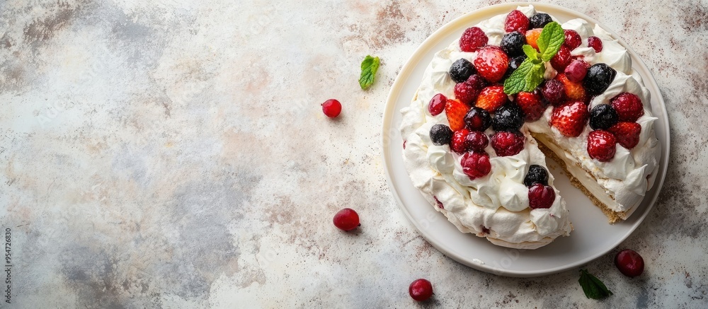Aufkleber homemade pavlova on a plate with one piece taken placed on a speckled countertop. with copy space im