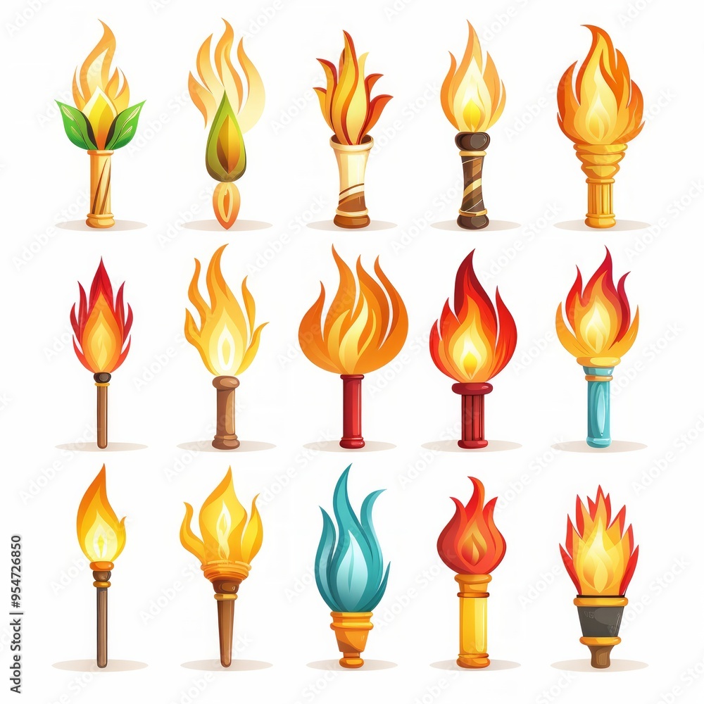 Poster set of different torch with fire on white background