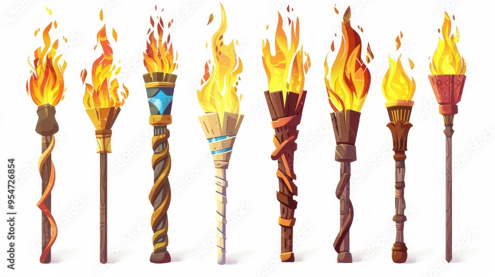Poster set of different torch with fire on white background