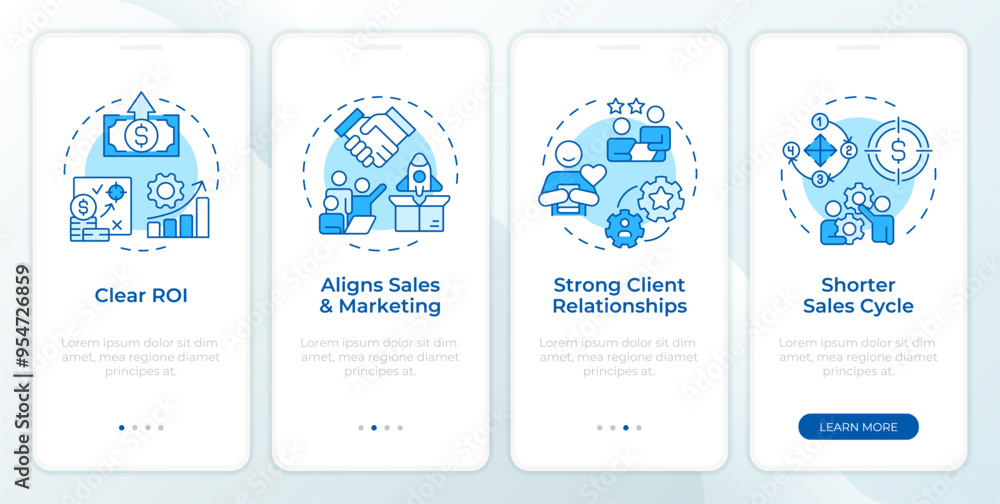 Poster abm benefits blue onboarding mobile app screen. walkthrough 4 steps editable graphic instructions wi