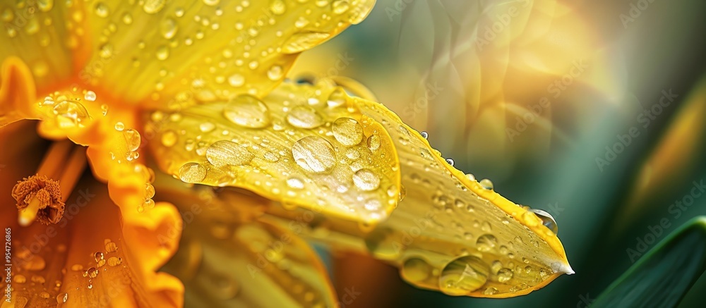 Aufkleber daffodil plants featuring raindrops on their leaves. with copy space image. place for adding text or