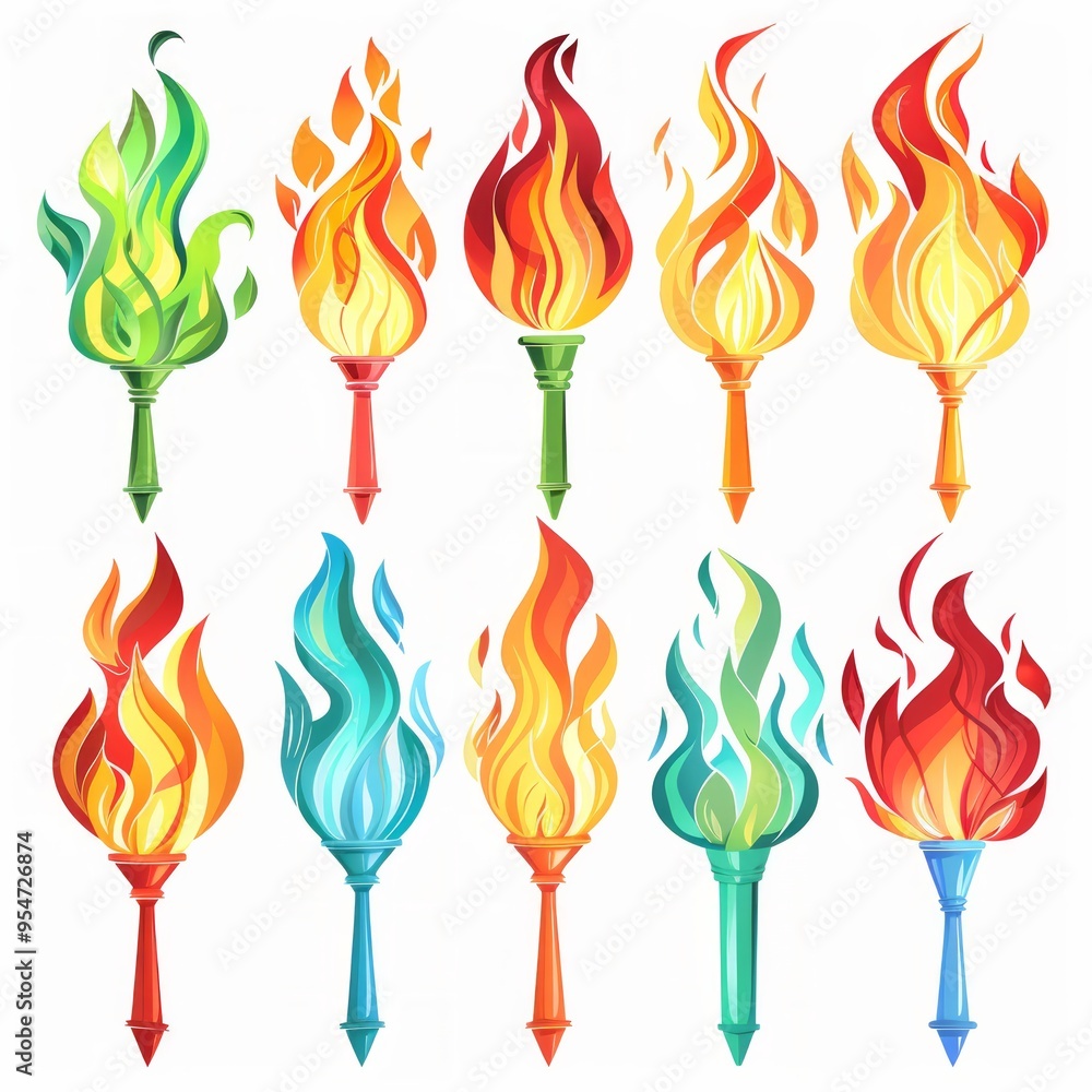 Poster set of different torch with fire on white background