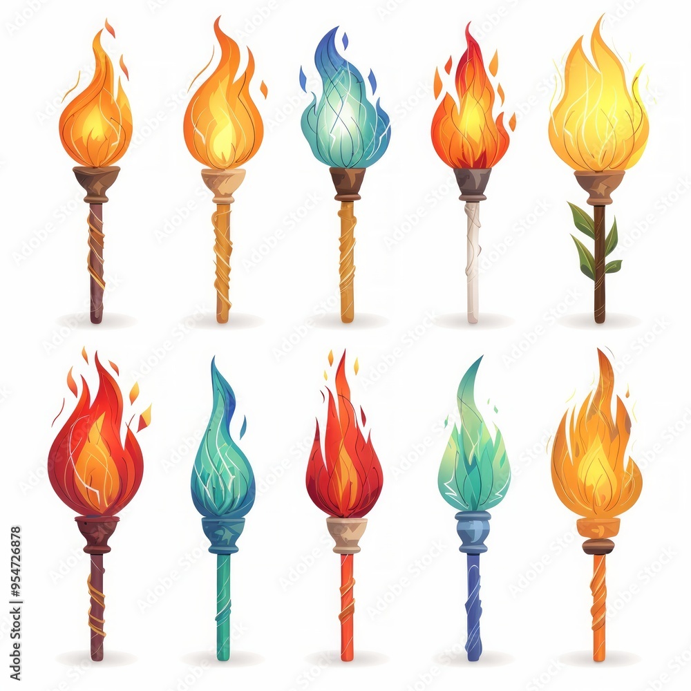Poster set of different torch with fire on white background