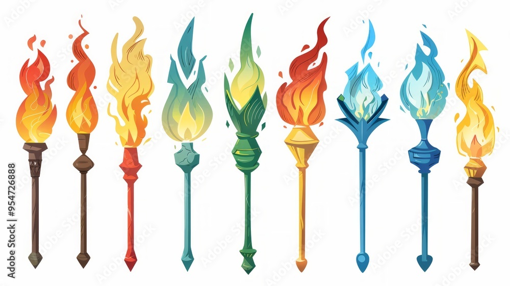 Poster set of different torch with fire on white background