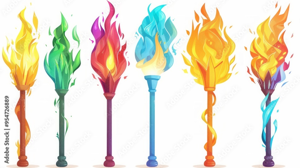 Poster set of different torch with fire on white background