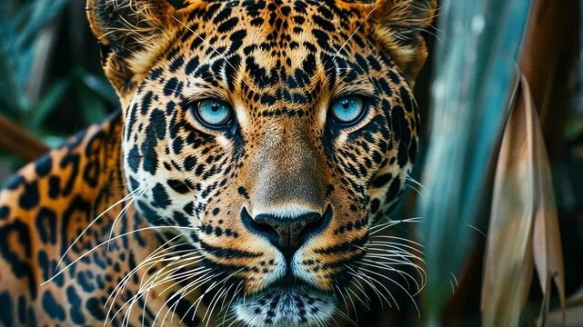 Close-up of a leopard with blue eyes in natural habitat, wildlife photography concept