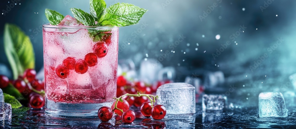 Leinwandbilder Fresh currant cocktail A refreshing summer drink featuring red currants and ice cubes Glass of red currant mojito. with copy space image. Place for adding text or design