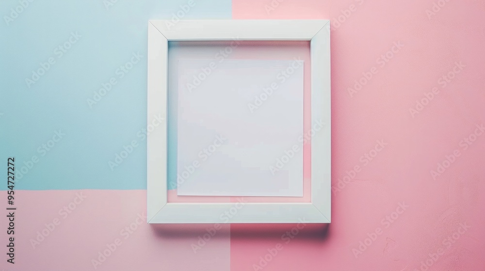 Poster top view of white blank square frame for mock up and display products with pastel background