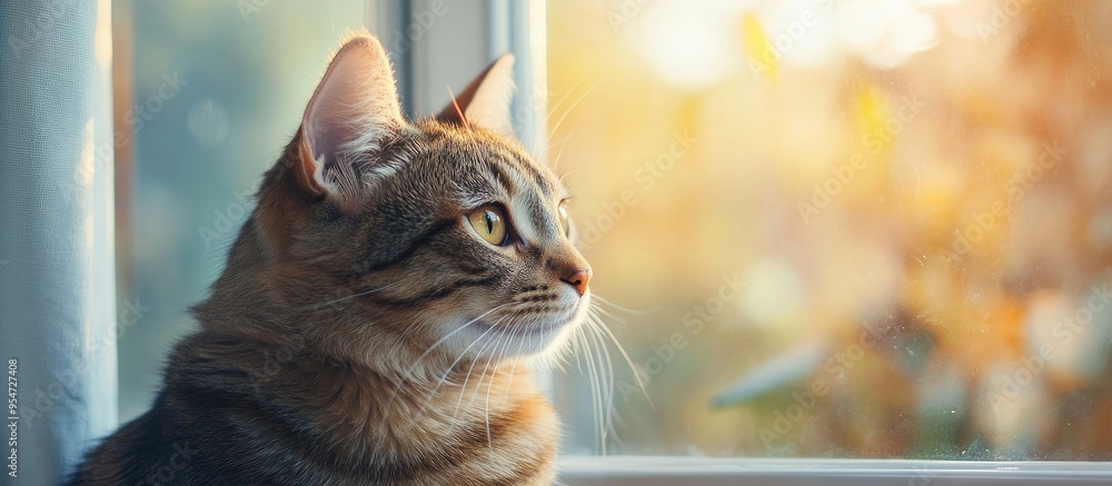 Poster close up of a domestic tabby cat sitting by the window in the sunlight high quality photo. with copy