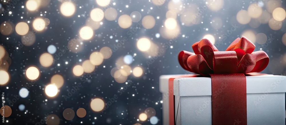 Poster christmas backdrop featuring a white gift box adorned with a red bow set against a background of chr