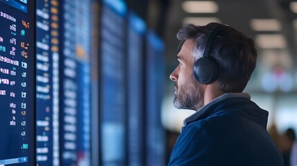 Closeup portrait of an airport staff member diligently monitoring multiple flight status screens and dashboards in the airport terminal managing information and logistics to ensure smooth air travel