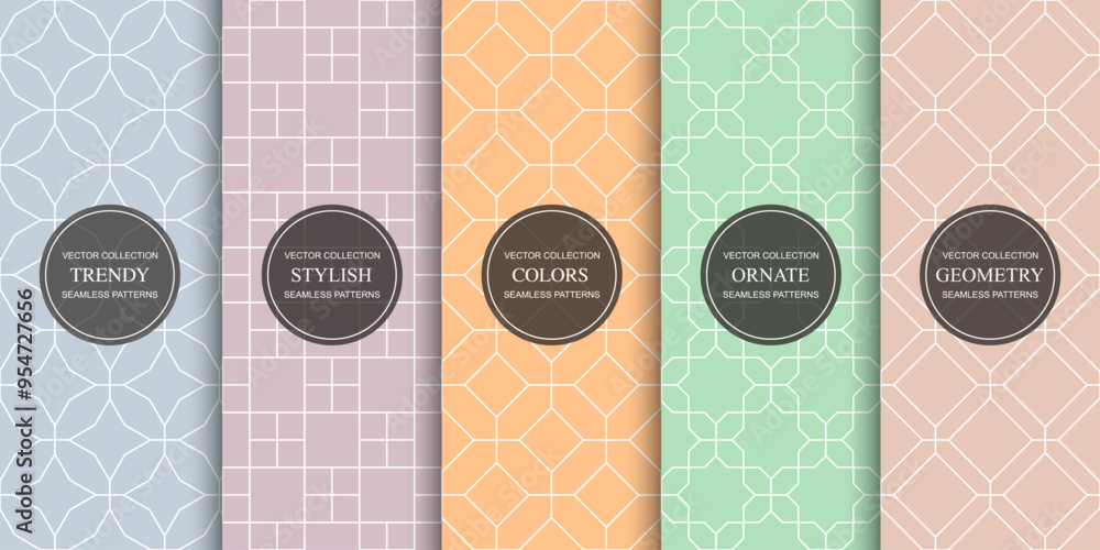 Poster collection of seamless vector ornamental patterns. tile color geometric oriental backgrounds, symmet