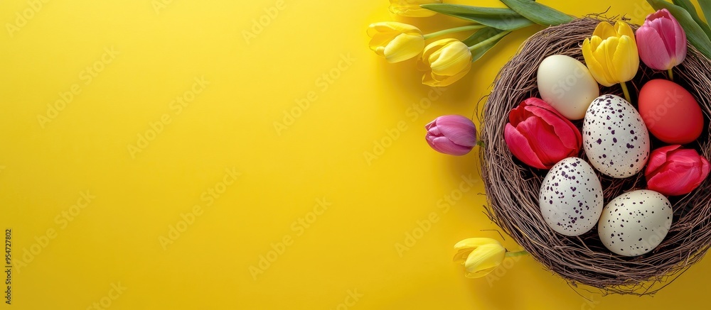 Poster Easter card featuring eggs in a nest and tulips set against a yellow background with copy space