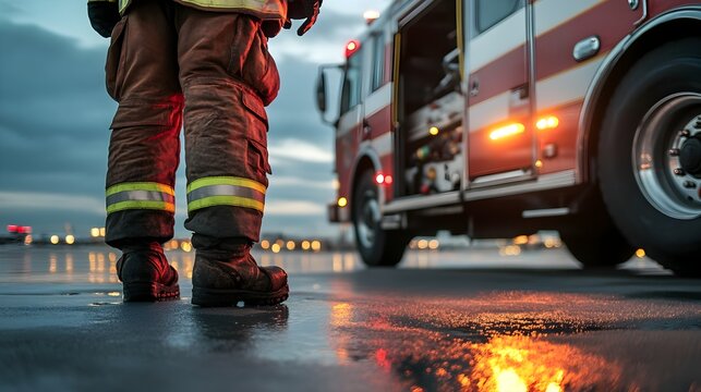 Closeup shot of an airport firefighter standing next to an emergency response vehicle on the tarmac