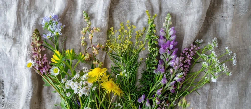 Poster Bouquet of wildflowers on a gray linen backdrop top view Vintage style. with copy space image. Place for adding text or design