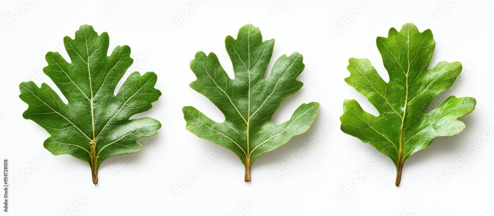 Leinwandbilder three green oak leaves set against a white background. with copy space image. place for adding text 