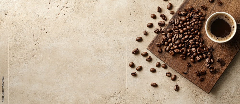 Aufkleber Wooden board with coffee beans scattered on a beige tile background. with copy space image. Place for adding text or design