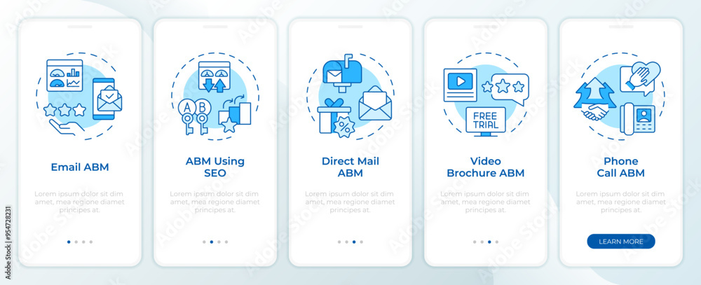 Poster methods of abm blue onboarding mobile app screen. walkthrough 5 steps editable graphic instructions 